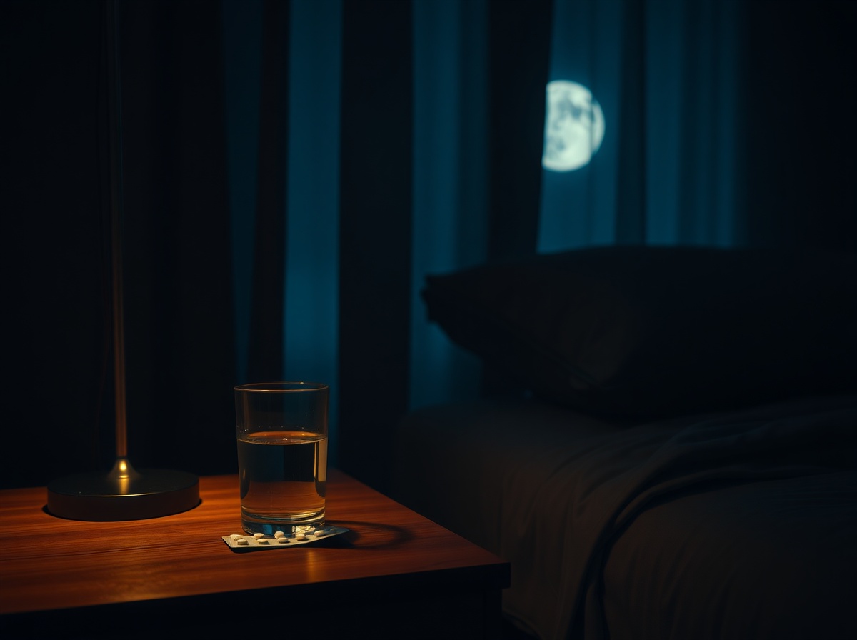 Ciepła lampka nocna i szklanka wody na nocnym stoliku w spokojnej sypialni
